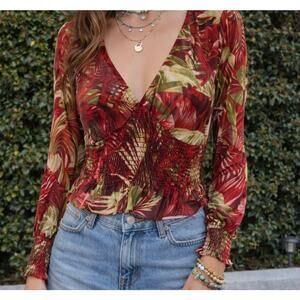 Vintage Y2K Toska Floral Crop Top Smock Waist V-Neck Long Sleeve USA Made Small